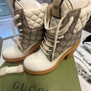 Gucci Women's Platform Lace-Up Boots in Cream and Brown